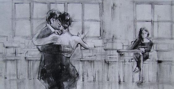 This may contain: a black and white drawing of two people dancing in front of an open building window